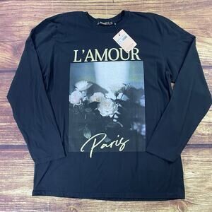 Missguided L’amour Paris Long Sleeve T-Shirt Black Graphic Print Oversized Sz M